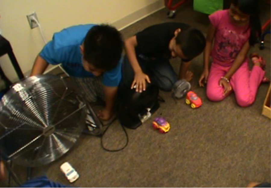 Kids experimenting with 3 different sizes of fans